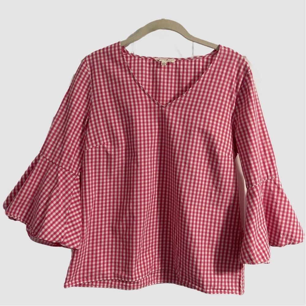 Jane and Delancey Pink Checked V-Neck Blouse Top 3/4 Bell‎ Sleeves Size Medium